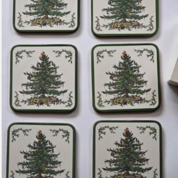 Spode Christmas Tree Coasters Drink Cork Back Pimpernel England Set 6 Boxed - Picture 3 of 5